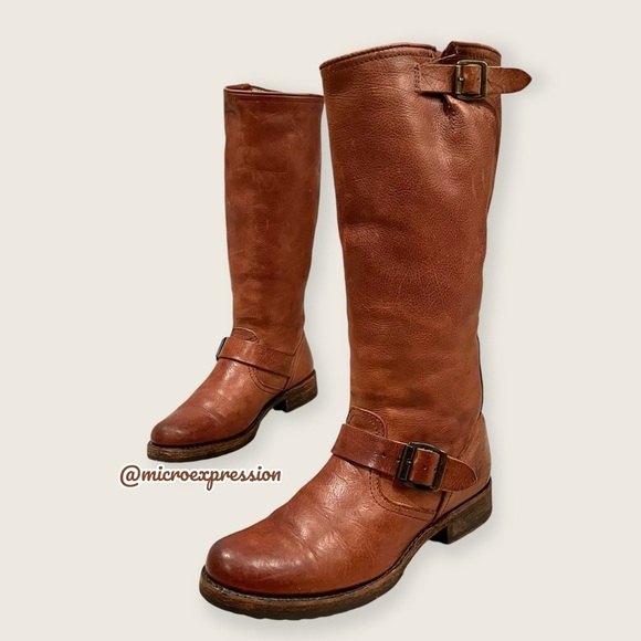 $399 Frye Veronica Slouch Cognac Brown Real Leather Engineer Knee/Calf High Boot - Picture 14 of 15
